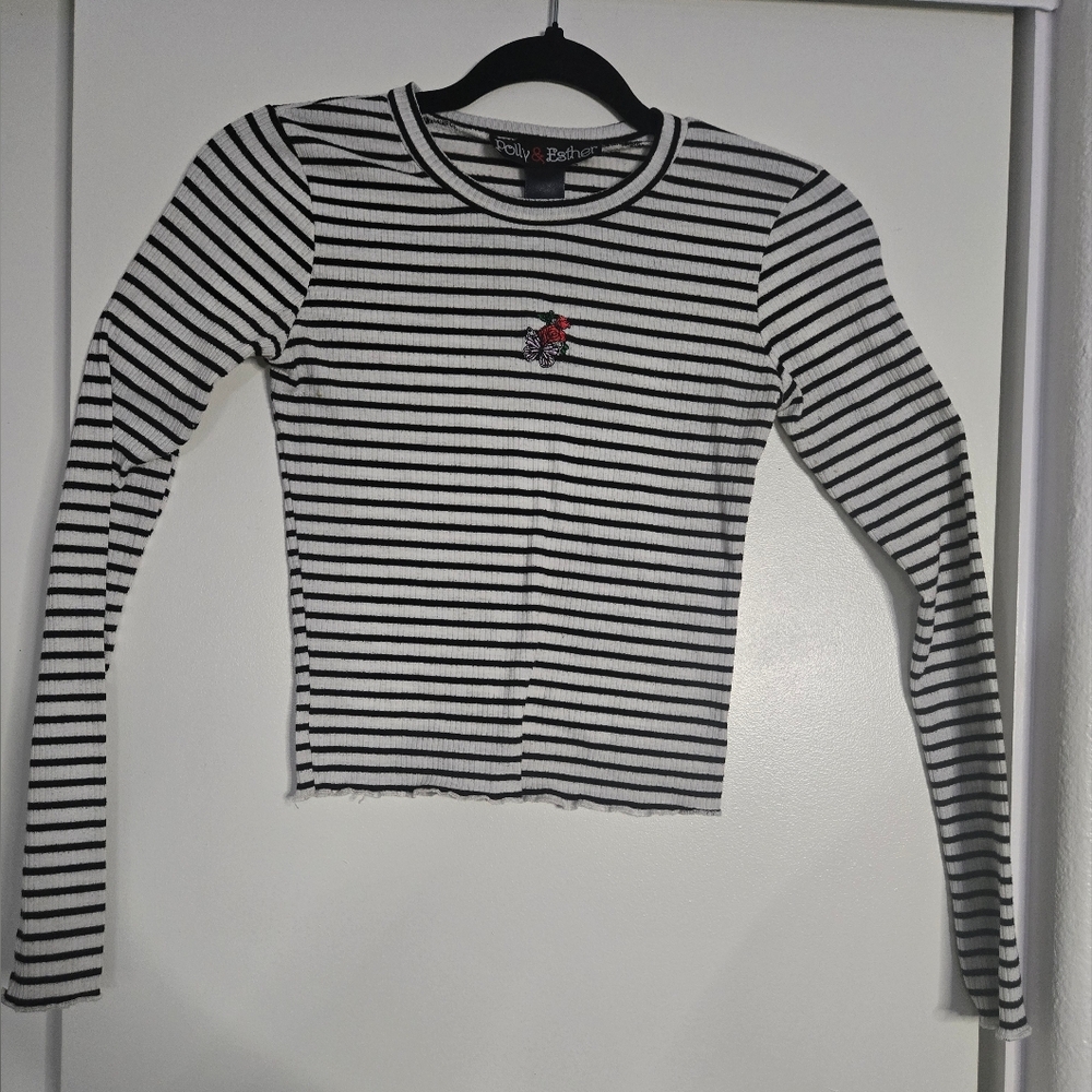 Polly & Esther Black and White Striped Top with Floral Embroidery